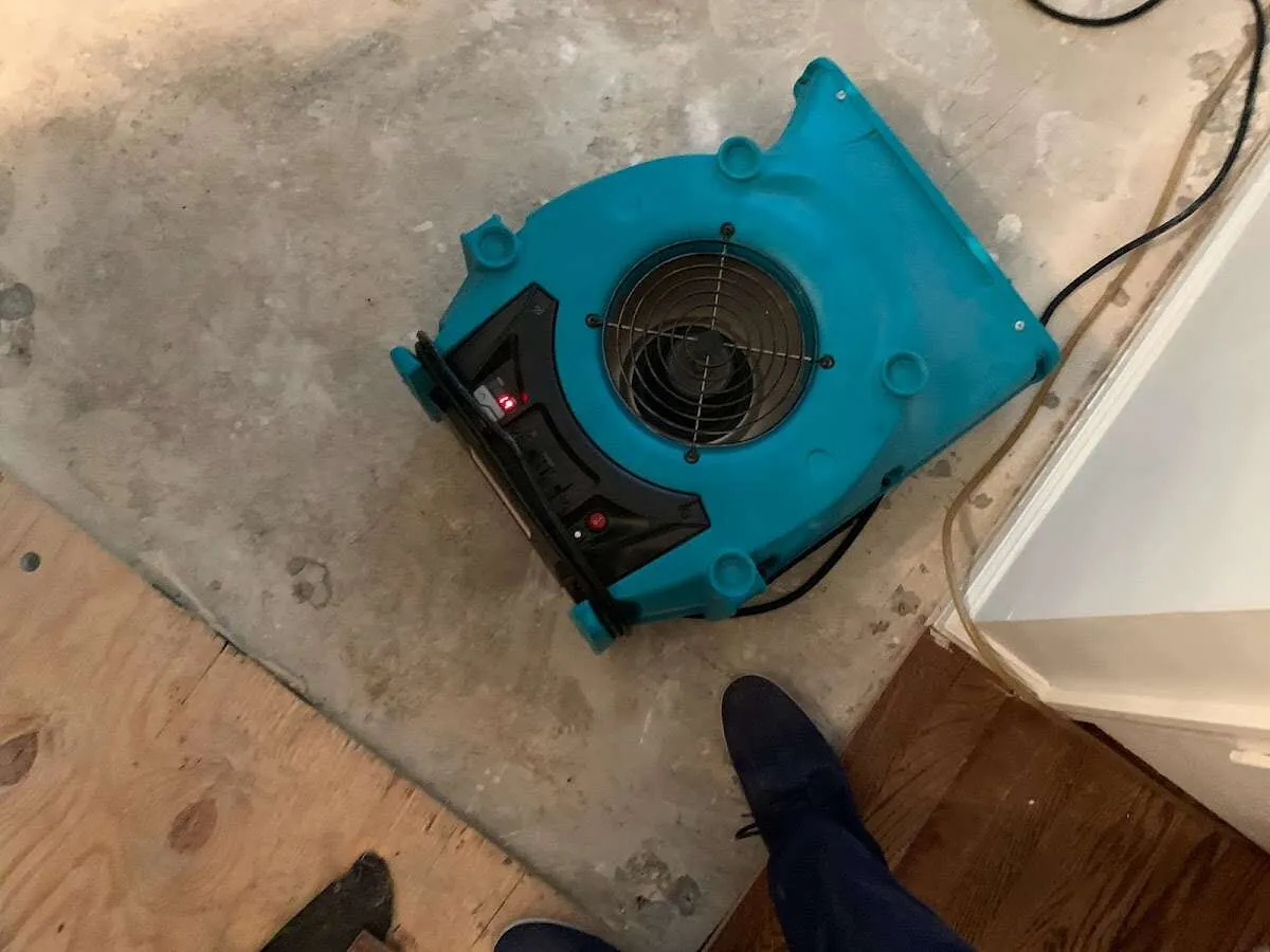 Air mover drying subfloor during Commercial Water Damage Restoration in Midvale